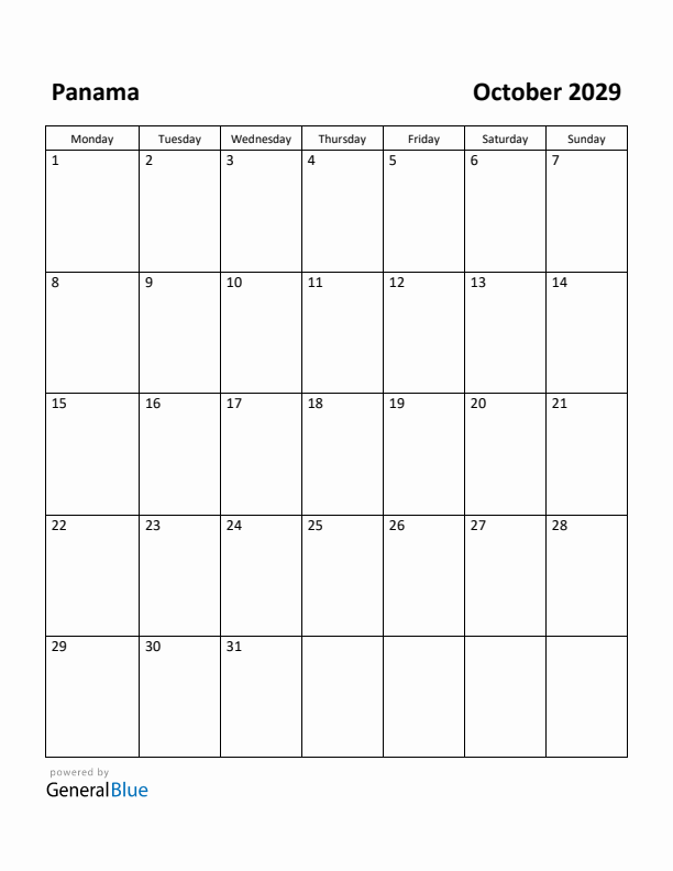 October 2029 Calendar with Panama Holidays