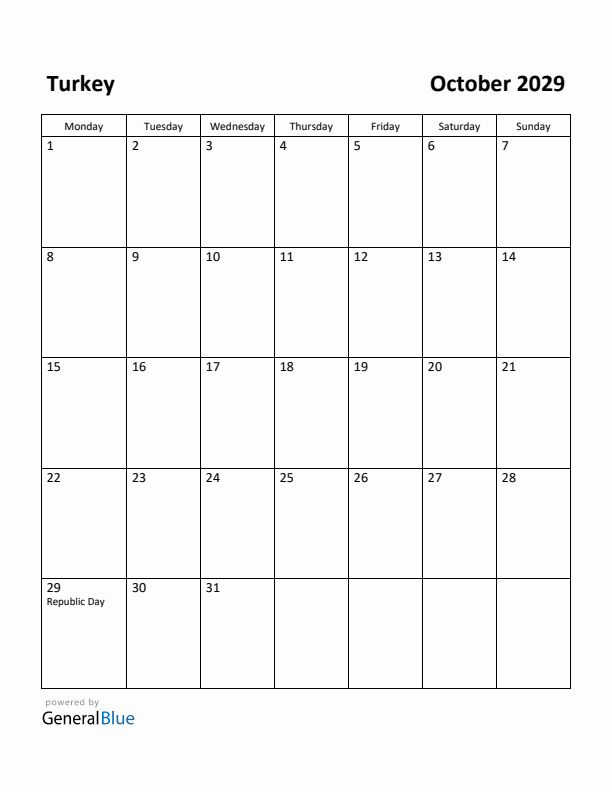 October 2029 Calendar with Turkey Holidays