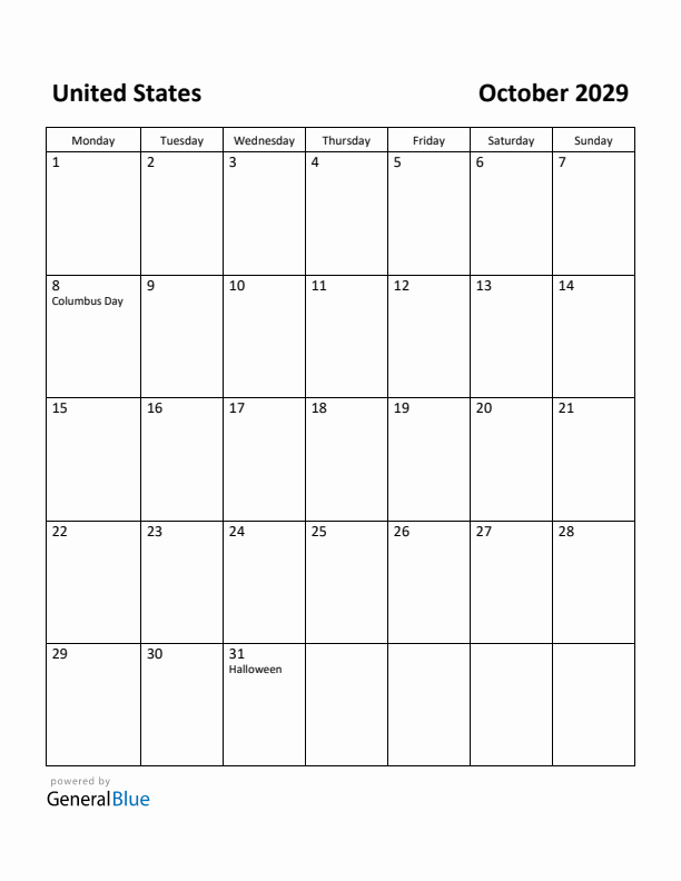 October 2029 Calendar with United States Holidays