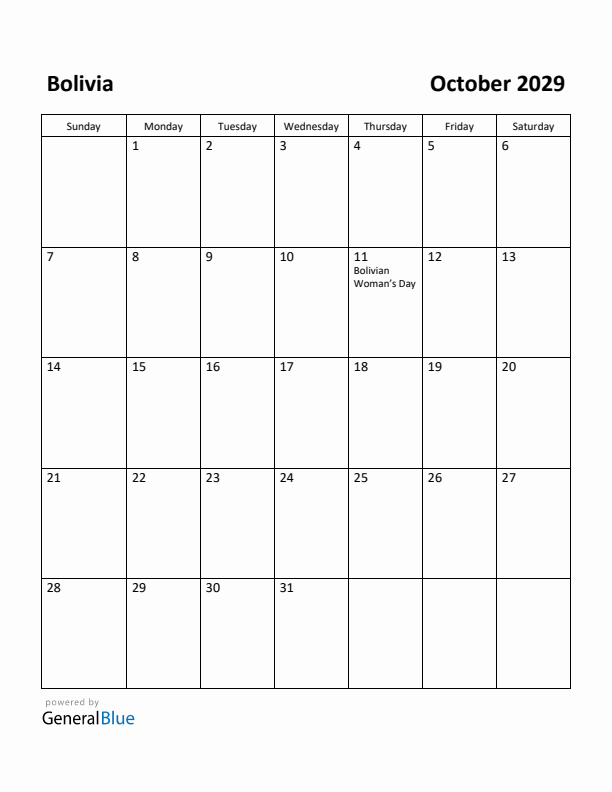 October 2029 Calendar with Bolivia Holidays