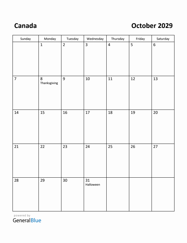 October 2029 Calendar with Canada Holidays