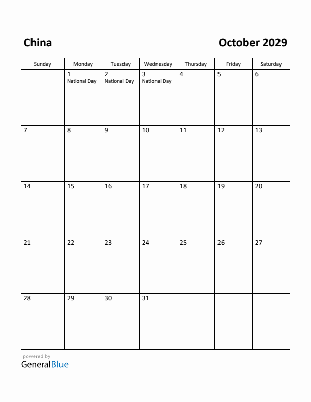 October 2029 Calendar with China Holidays