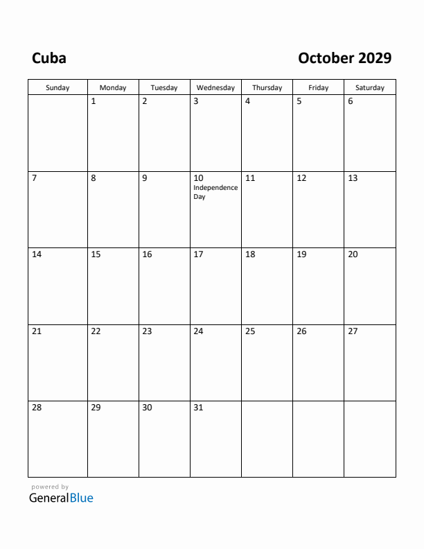 October 2029 Calendar with Cuba Holidays