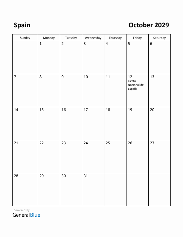 October 2029 Calendar with Spain Holidays