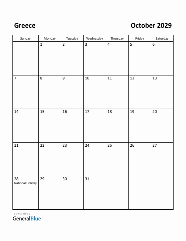 October 2029 Calendar with Greece Holidays