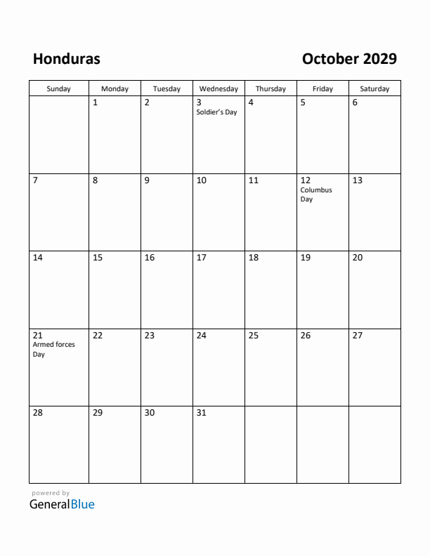 October 2029 Calendar with Honduras Holidays