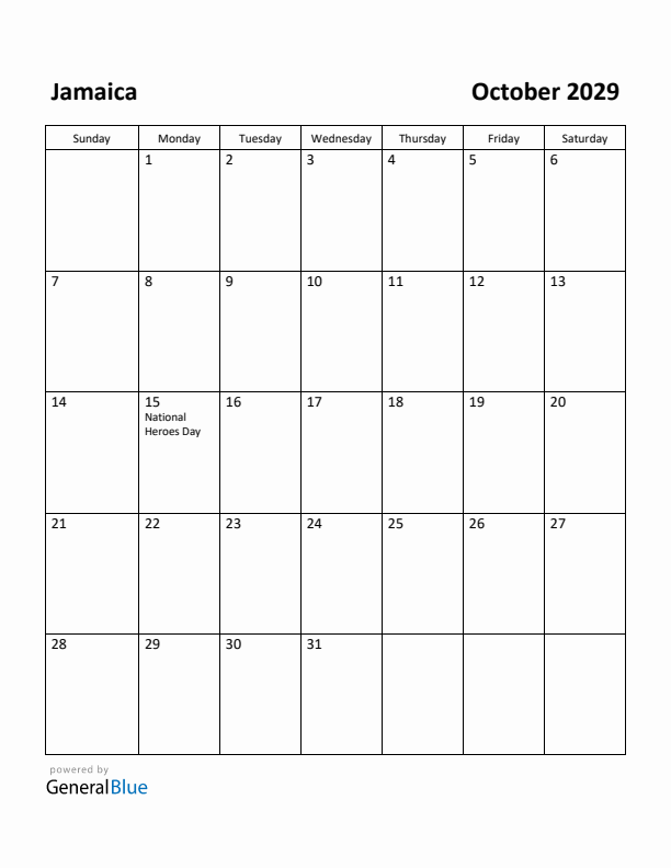 October 2029 Calendar with Jamaica Holidays