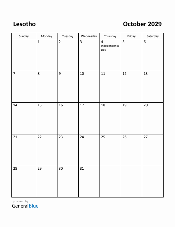 October 2029 Calendar with Lesotho Holidays