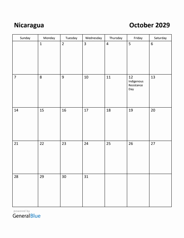 October 2029 Calendar with Nicaragua Holidays