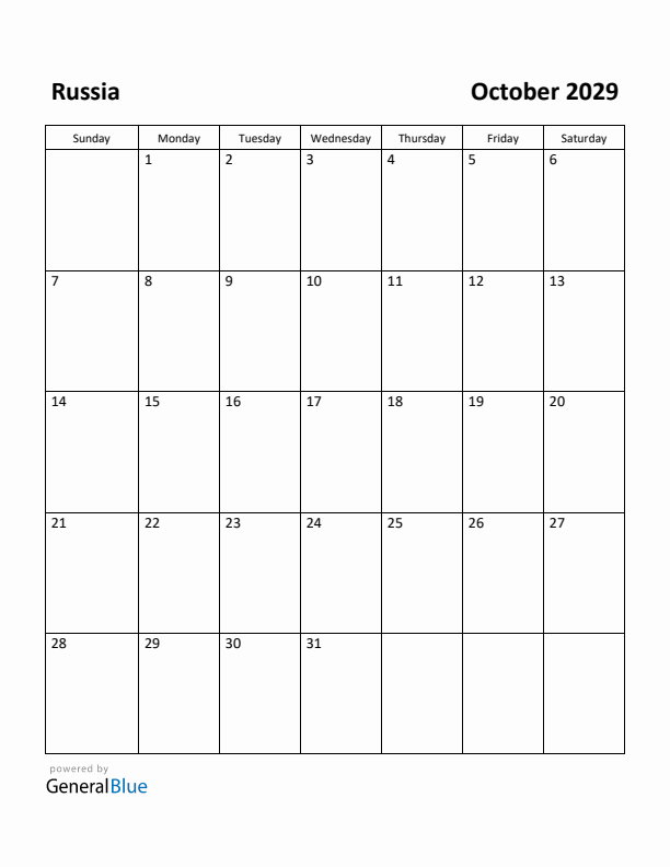 October 2029 Calendar with Russia Holidays