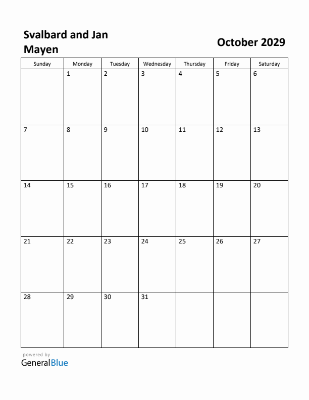 October 2029 Calendar with Svalbard and Jan Mayen Holidays