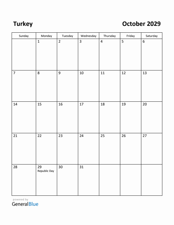 October 2029 Calendar with Turkey Holidays