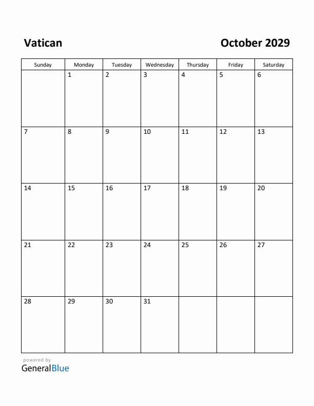 October 2029 Calendar with Vatican Holidays