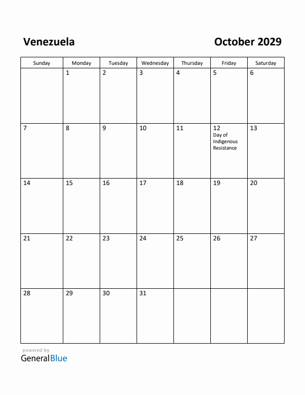 October 2029 Calendar with Venezuela Holidays