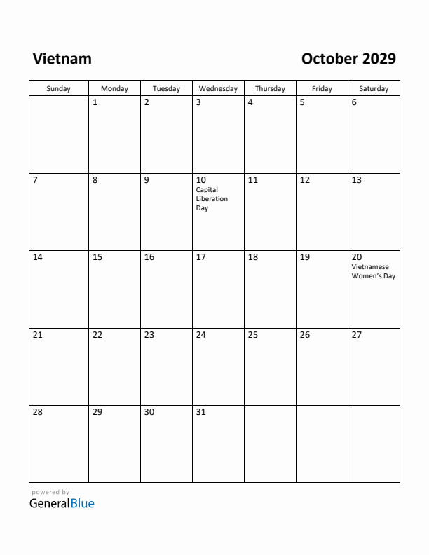 October 2029 Calendar with Vietnam Holidays