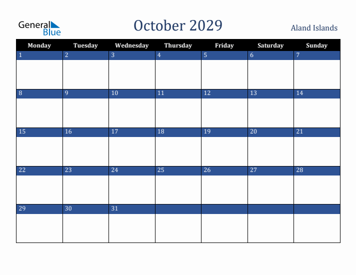 October 2029 Aland Islands Calendar (Monday Start)