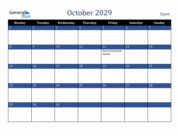 October 2029 Spain Calendar (Monday Start)