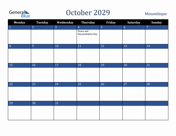 October 2029 Mozambique Calendar (Monday Start)