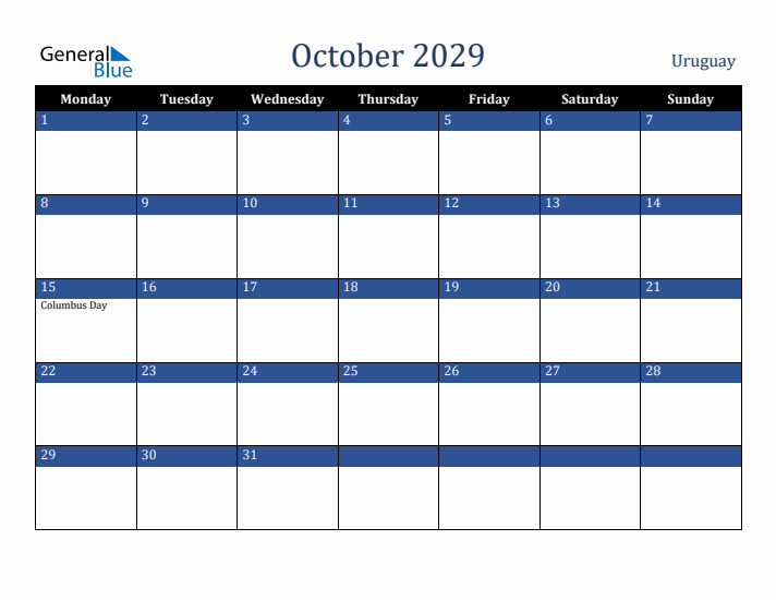 October 2029 Uruguay Calendar (Monday Start)