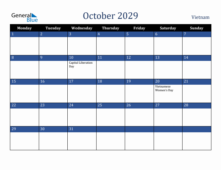 October 2029 Vietnam Calendar (Monday Start)