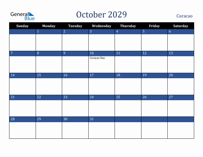 October 2029 Curacao Calendar (Sunday Start)