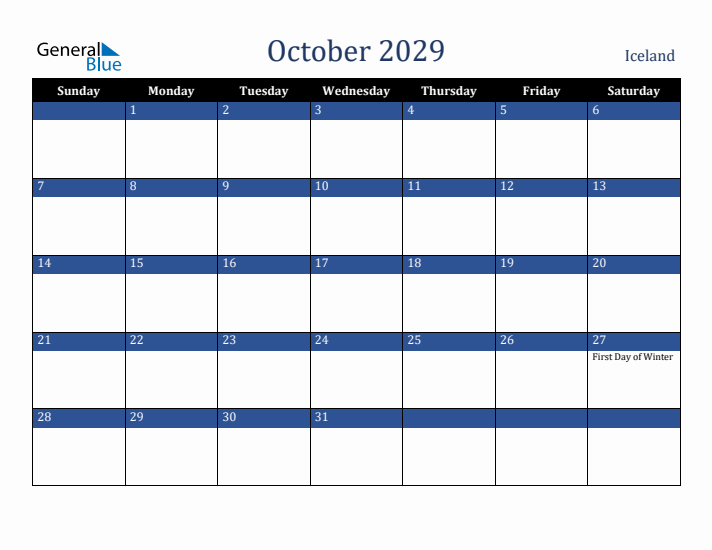 October 2029 Iceland Calendar (Sunday Start)