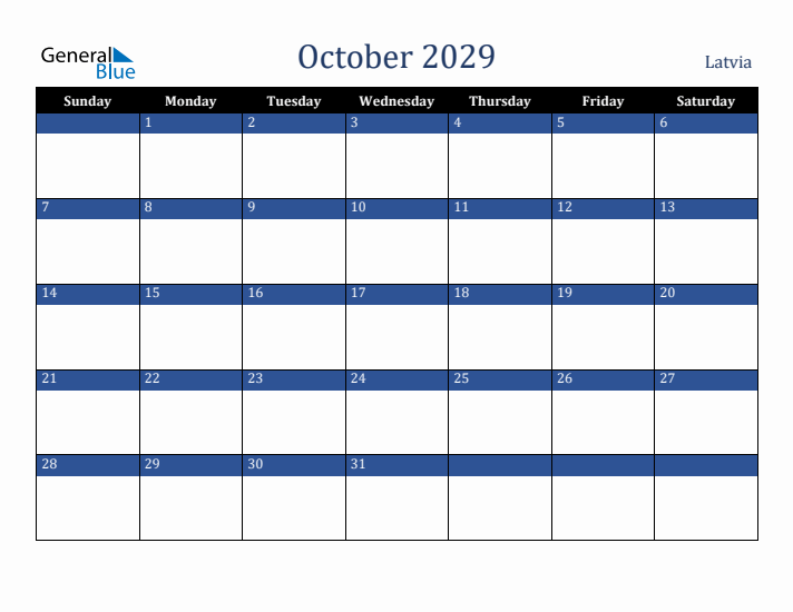 October 2029 Latvia Calendar (Sunday Start)