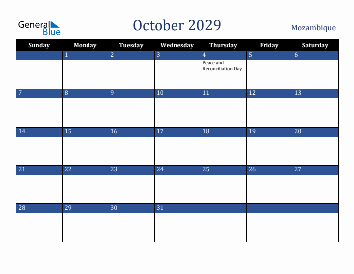 October 2029 Mozambique Calendar (Sunday Start)