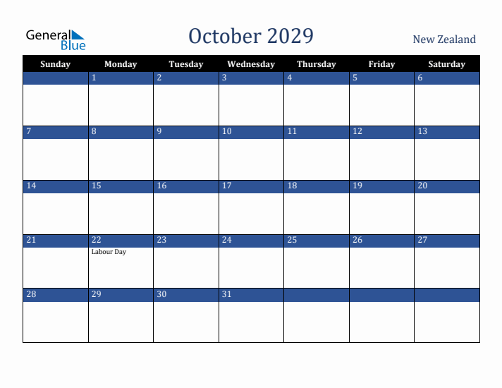 October 2029 New Zealand Calendar (Sunday Start)