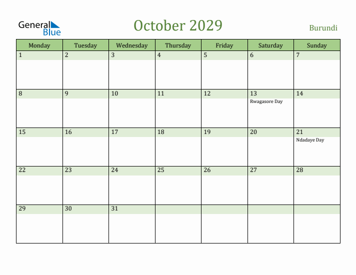 October 2029 Calendar with Burundi Holidays