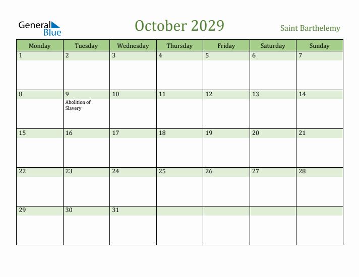 October 2029 Calendar with Saint Barthelemy Holidays