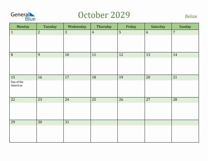 October 2029 Calendar with Belize Holidays