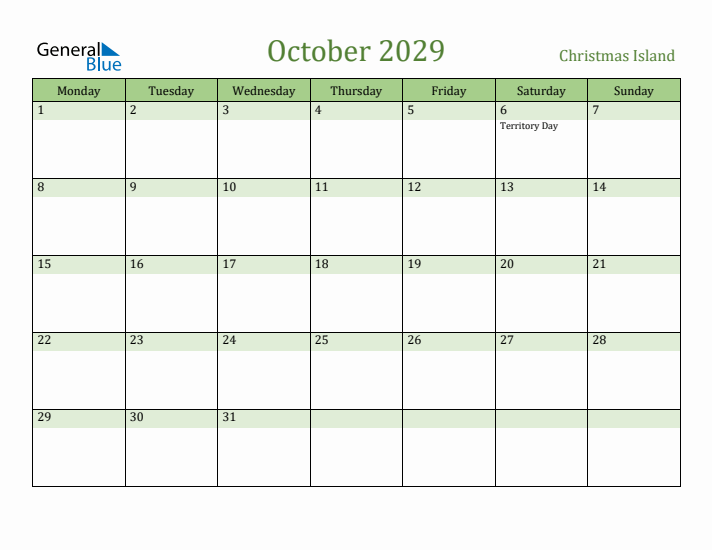 October 2029 Calendar with Christmas Island Holidays