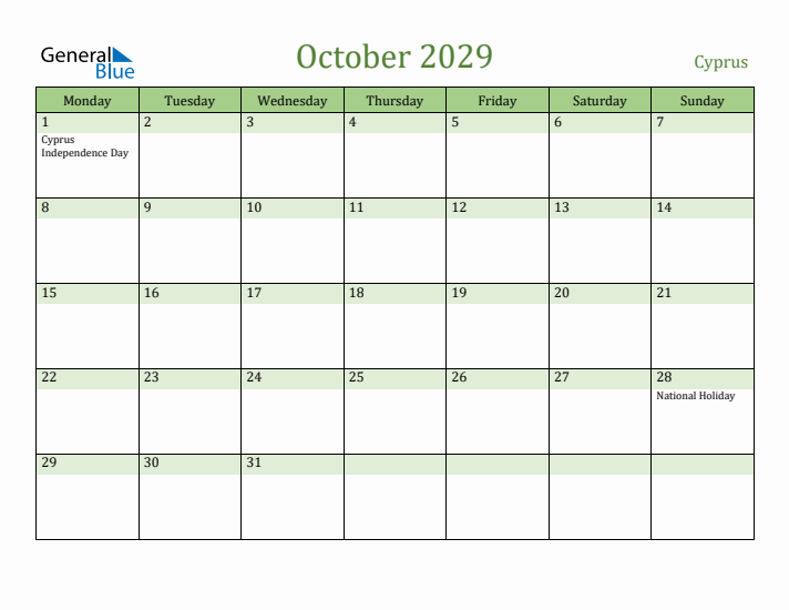 October 2029 Calendar with Cyprus Holidays