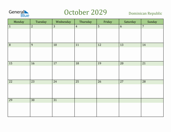 October 2029 Calendar with Dominican Republic Holidays