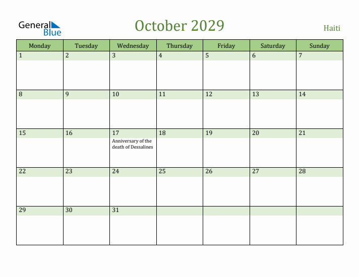 October 2029 Calendar with Haiti Holidays