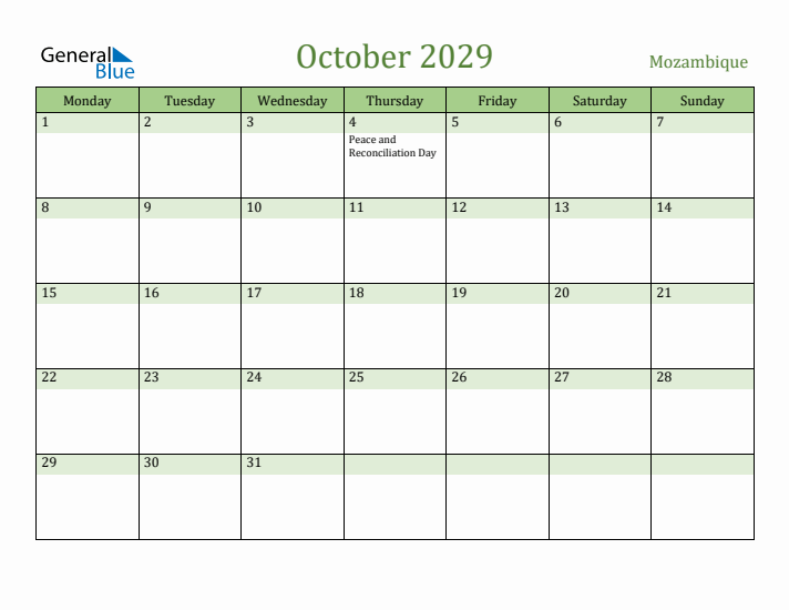 October 2029 Calendar with Mozambique Holidays