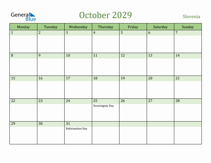 October 2029 Calendar with Slovenia Holidays