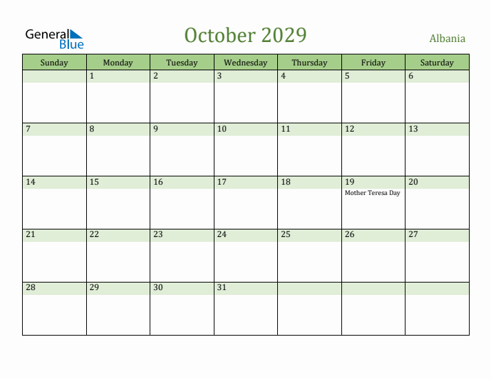 October 2029 Calendar with Albania Holidays