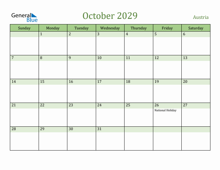 October 2029 Calendar with Austria Holidays