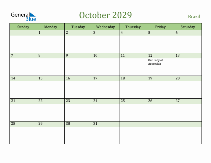 October 2029 Calendar with Brazil Holidays