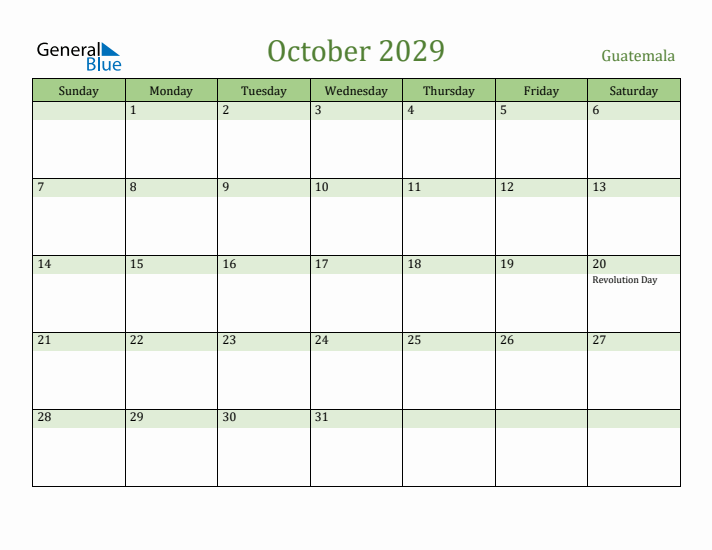 October 2029 Calendar with Guatemala Holidays