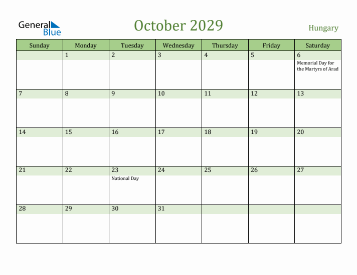 October 2029 Calendar with Hungary Holidays