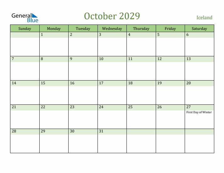 October 2029 Calendar with Iceland Holidays