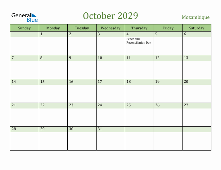 October 2029 Calendar with Mozambique Holidays