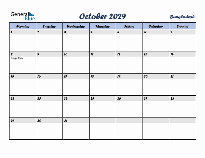 October 2029 Calendar with Holidays in Bangladesh