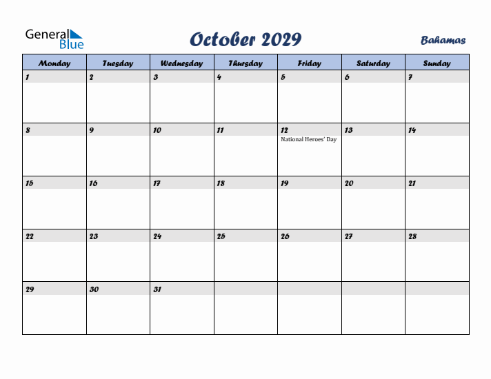 October 2029 Calendar with Holidays in Bahamas