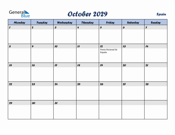 October 2029 Calendar with Holidays in Spain