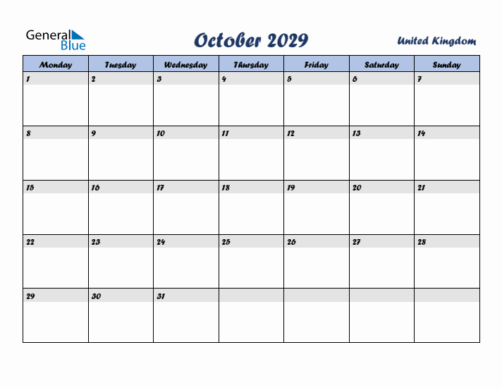 October 2029 Calendar with Holidays in United Kingdom