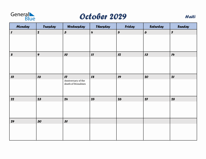 October 2029 Calendar with Holidays in Haiti